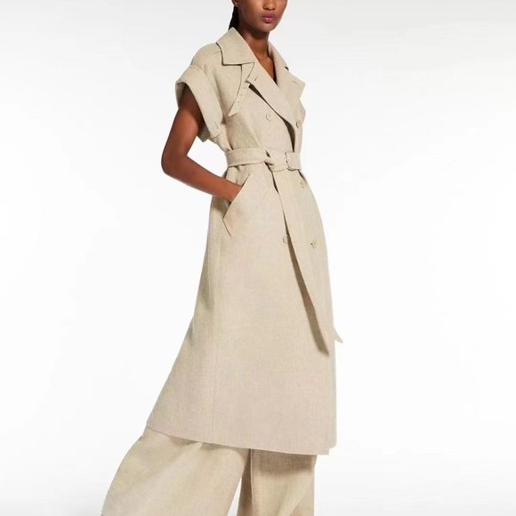 Maxmara Double-Breasted Belted Wool Blend Trench Coat Dress with Notched Collar - Picture 3 of 9
